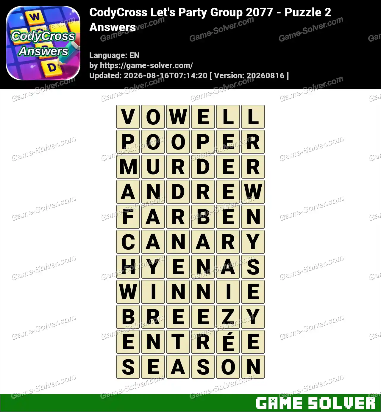 CodyCross Let’s Party Group 2077 – Puzzle 2 Answers